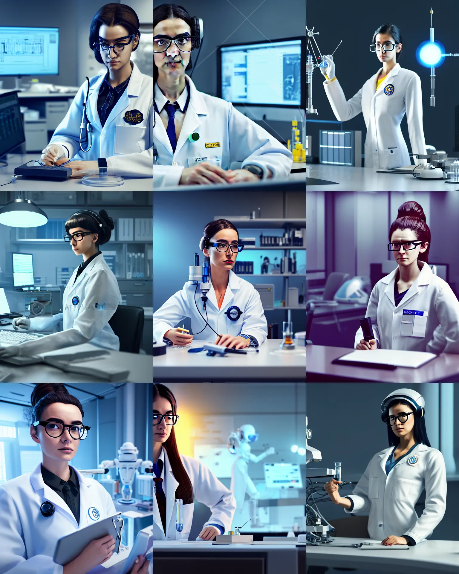 Prompt: goddess athena full body character portrait of a beautiful nerdy scientist wearing glasses, at a work desk thinking intensely, wearing combination of lab - coat and mecha suit, laboratory in the background, artstation scifi accurate character, unreal engine, 4 k digital camera, sharp focus, movie still