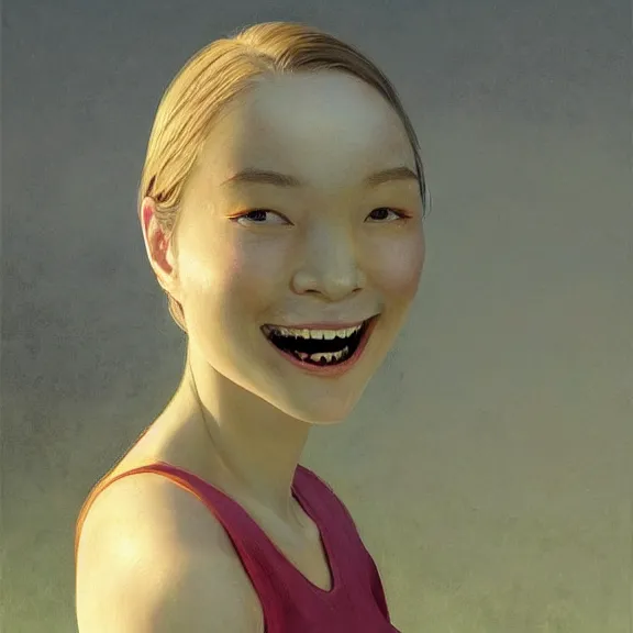Prompt: epic portrait of a beautiful girl with an unnaturally wide smile, high detail, horror smile, sharp focus, beautiful!, scary, dewy skin, ethereal, painting, concept art, warm lighting, greg rutkowski, by kawase hasui, moebius and edward hopper, vivid bright light, colorful flat surreal design, hd, 4 k, artstation