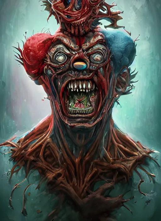 Image similar to evil horror clown, monster anatomy, ross tran, vivid colors, anatomical, highly detailed sculpture, intricate detailed, ommatidia, 8 k, cinematic atmosphere, post - processing