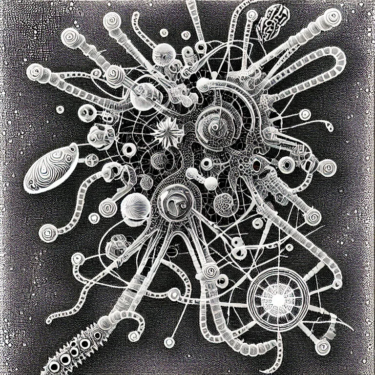 Image similar to a black and white drawing of a variety of sea life and filled with gundam mech equipment space station, a microscopic photo by ernst haeckel, zbrush central, kinetic pointillism, bioluminescence, biomechanical, intricate patterns, photoillustration