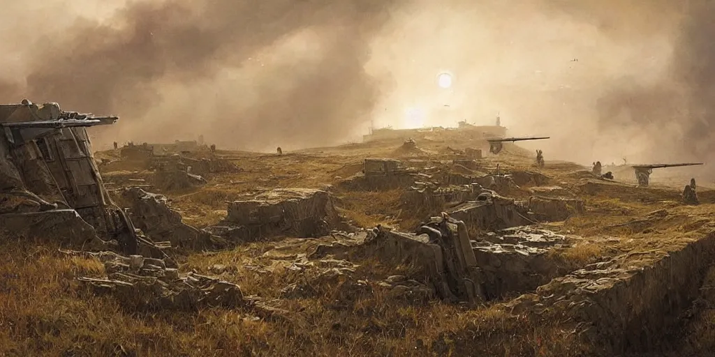 Image similar to world war 1 landscape in star wars, trench warfare, atmospheric, beautiful lighting, painted by john howe and greg rutkowski