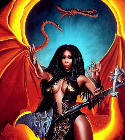 Prompt: 1 9 8 0 s fantasy novel book cover, nicki minaj in bikini armor holding a cartoonishly huge sword, dark smoky background, menacing dragon within the shadows