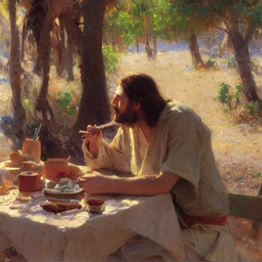 Image similar to Jesus eating mac n’ cheese, painting by Gaston Bussiere, Craig Mullins