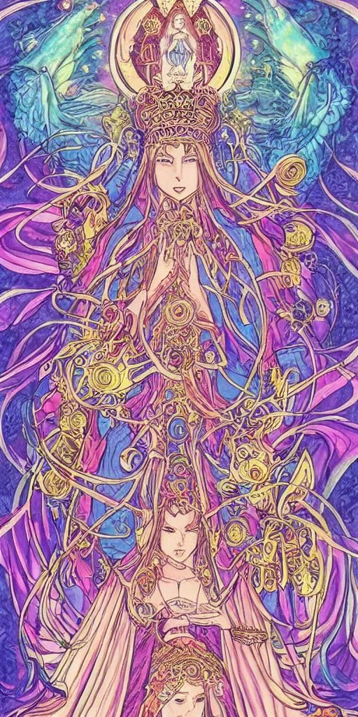 Prompt: a mystical woman priestess sitting on a throne, the divine feminine, drawn by studio UFOTABLE, psychedelic, fine line work, pastel colors, Tarot cards. The empress tarot card, detailed, anime