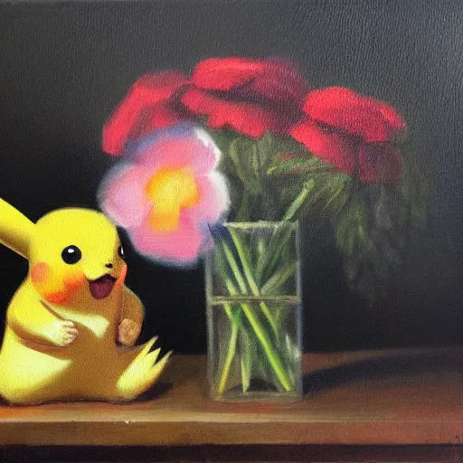 Image similar to Flowers on a bed, oil painting, 1700s, dark background, hidden pikachu