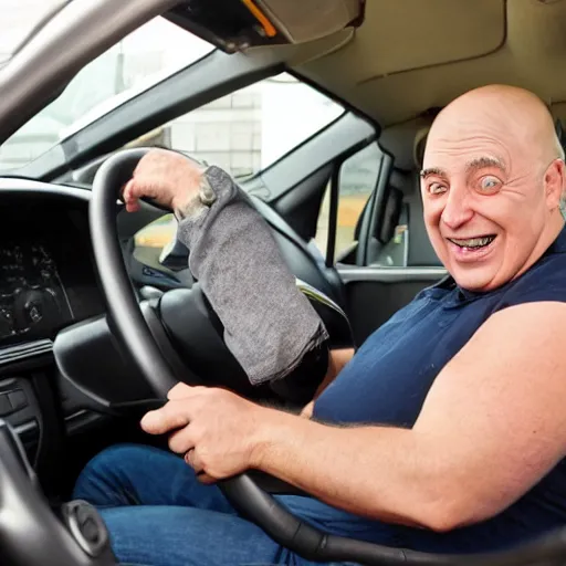 Image similar to Photo of excited real-life Homer Simpson sitting in the driver seat of a LADA VAZ-1111