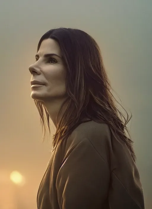 Image similar to sandra bullock in real life, face centered portrait of sandra bullock, confident, fog, rain, volumetric lighting, beautiful, golden hour, sharp focus, ultra detailed, cgsociety by leesha hannigan, ross tran, thierry doizon, kai carpenter, ignacio fernandez rios, noir art house, 4 k, 3 5 mm, fujifilm