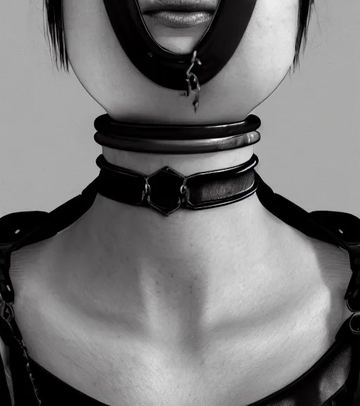 Image similar to detailed realistic female character cyberpunk wearing thick steel collar around neck, realistic, art, beautiful, 4K, collar, choker, collar around neck, punk, artstation, detailed, female, woman, choker, cyberpunk, neon, punk, collar, choker, collar around neck, thick collar, tight around neck, punk, headshot, detailed,