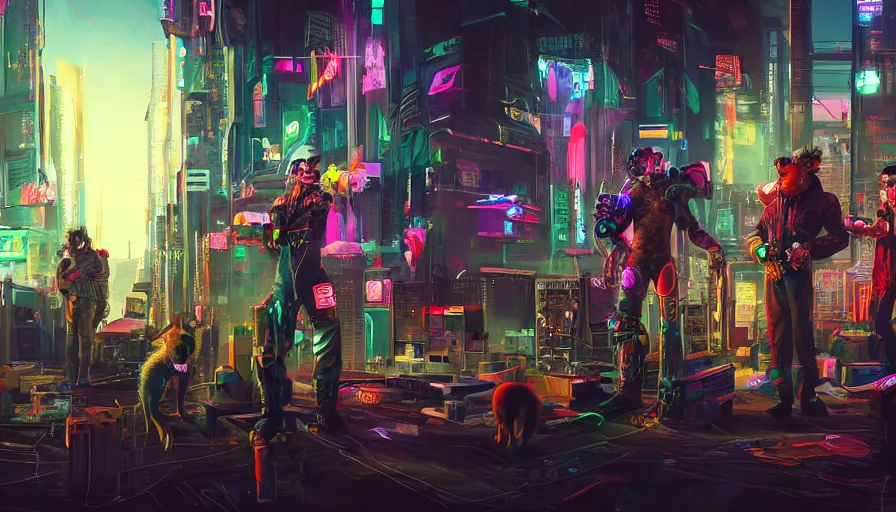 Image similar to high - resolution photograph from a cyberpunk era furry fandom convention ( midwest furfest 2 0 4 7 ), taking place after the genetic revolution and quantum singularity. photorealistic.