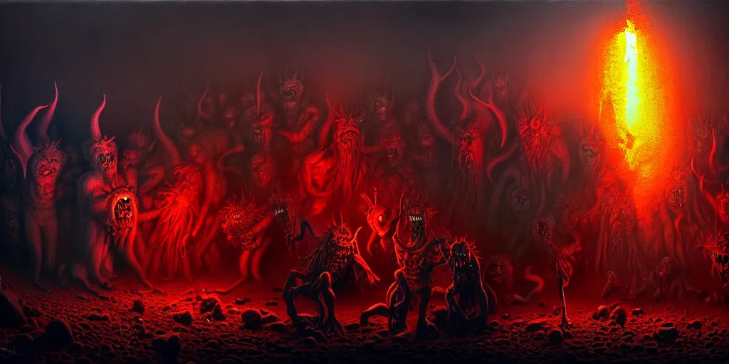 Image similar to repressed emotion creatures and monsters at the mouth of hell, dramatic lighting glow from giant fire, attempting to escape and start a revolution, in a dark surreal painting by ronny khalil