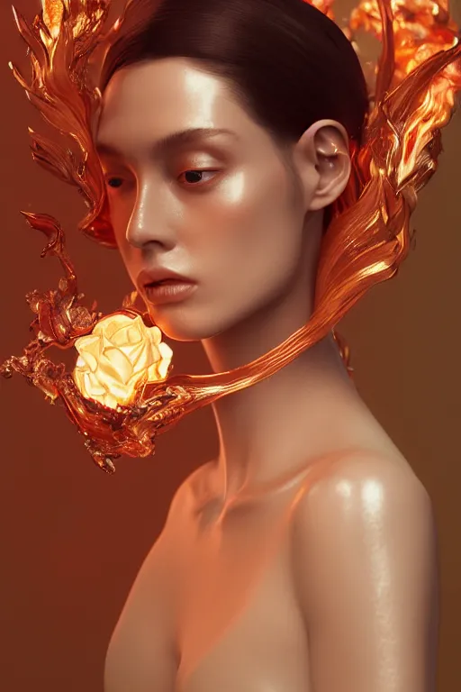 Prompt: 3 d, flowning fashion model, flame, liquid rose gold, pearls, morning, vogue cover style, poster art, high detail, intricate oil painting, multiple exposure, heaven mood, hyperrealism, unreal engine 5, by tooth wu and wlop and beeple and greg rutkowski