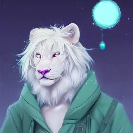 Image similar to aesthetic portrait commission of a albino male furry anthro lion under a lavender bubble filled while wearing a cute mint colored cozy soft pastel winter outfit with pearls on it, winter atmosphere. character design by charlie bowater, ross tran, artgerm, and makoto shinkai, detailed, inked, western comic book art, 2 0 2 0 award winning painting