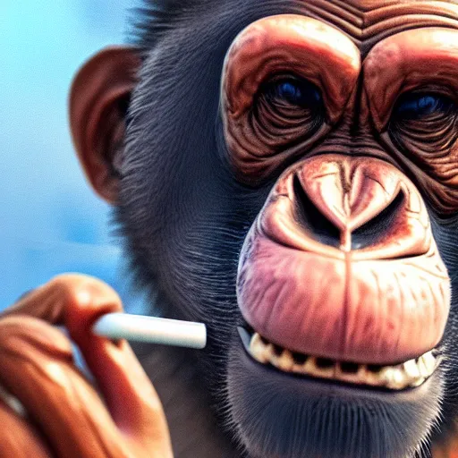 Image similar to a high detail closeup shot of a chimp wearing a suit 👔,and smoking a cigarrette🚬, cgcosiety, artstation, unreal engine, realism