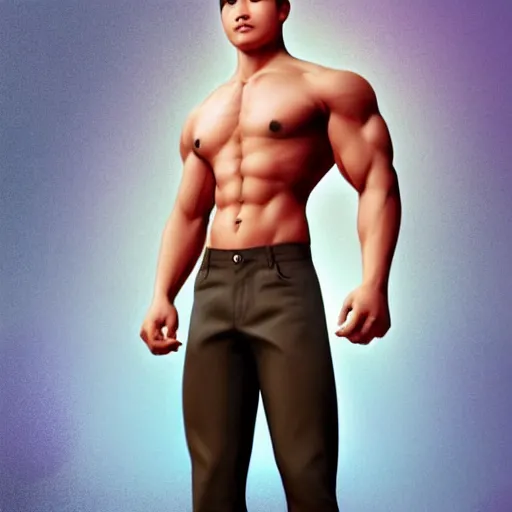 Image similar to a korean bodybuilder college boy, head to toe, bokeh, beautiful face!!!!, 2 3 years old, cg animation, lifelike, animated, realistic, character select portrait, by artgerm, greg rutkowski, alphonse mucha, 3 d