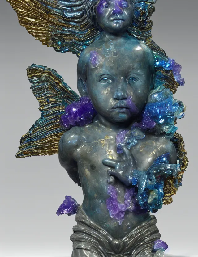 Prompt: a sculpture of a winged child made from blue and emerald and amethyst crystal geode formations with flowing marble water with obsidian base with liquid gold tendrils flowing by carlo maria mariani by stanisław szukalski, octane render, byzantine, spirals, elestial crystals, geode,