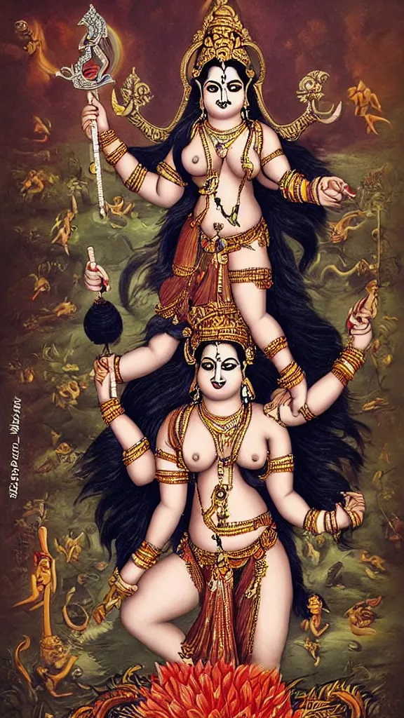 Image similar to curvy body of hindu goddess devi, holding a skull on one hand and trident on another, posing for playboy photoshoot