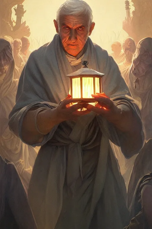 Image similar to male senior cleric holding a lantern surrounded by zombies, highly detailed, digital painting, artstation, concept art, smooth, sharp focus, illustration, art by artgerm and greg rutkowski and alphonse mucha and andrei riabovitchev