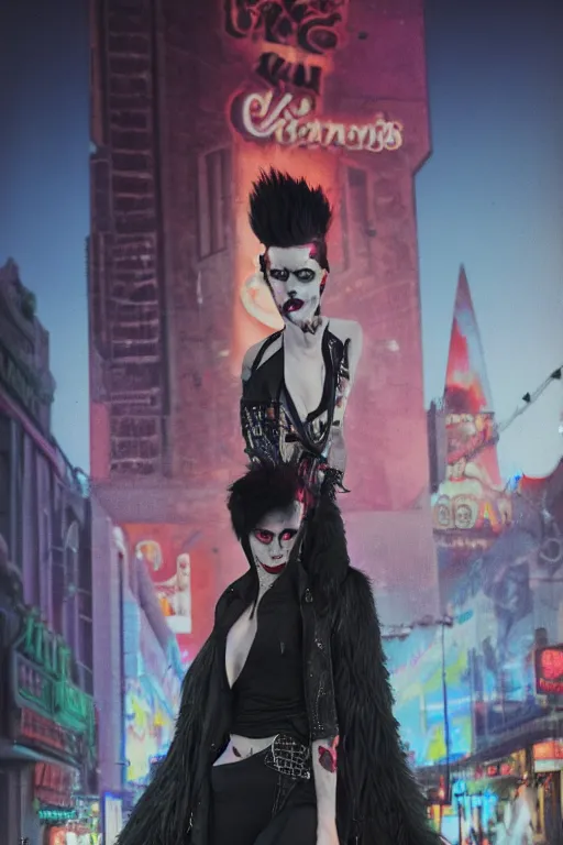 Prompt: 35mm photograph of a punk vampire on the Las Vegas strip at night by tom bagshaw, cinematic, hyper realism, high detail, octane render, 8k, trending on artstation, CGsociety, concept art, kodak portra