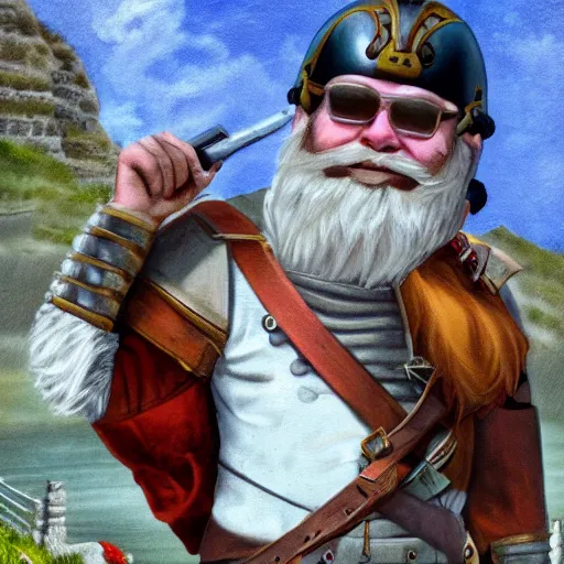 Prompt: Spring David Patrick Kelly Exploring Santorini, Greece a time traveling English soldier, inspired by Simon Bisley The portrait of a dwarven knight in full plate, looking at the camera with a confident smile and a red beard. ArtStation style. colorful furby