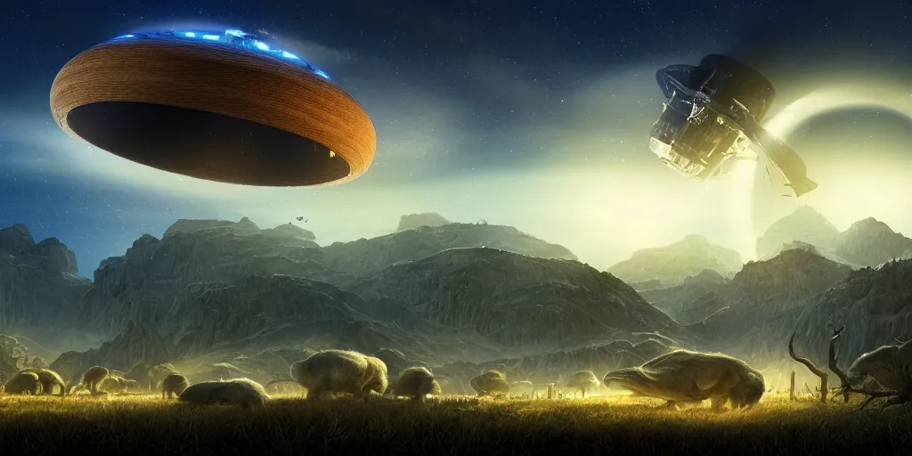 Prompt: landscape image with various different lumbering alien animals with a giant UFO in the sky, extremely detailed digital matte painting, clear skies, night, vibrant, stunning lighting
