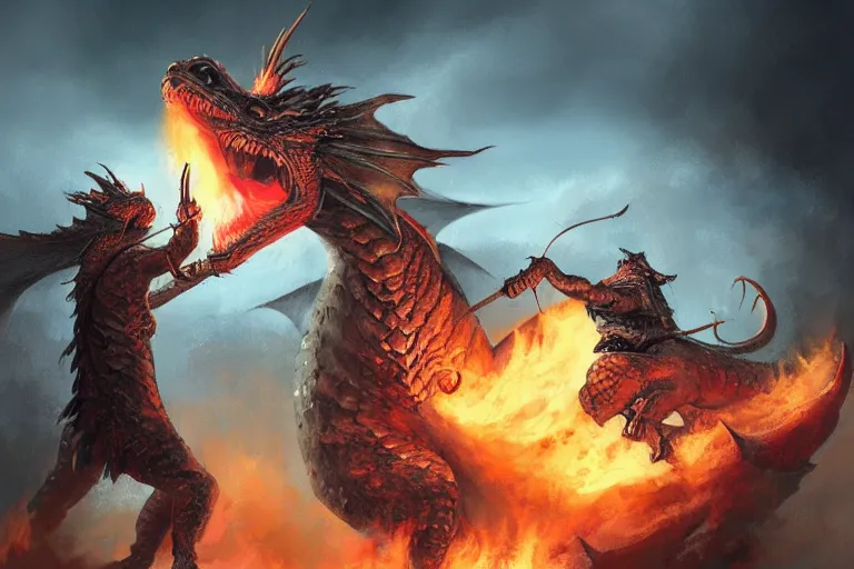 Prompt: a fire breathing dragon attacking a viking warrior