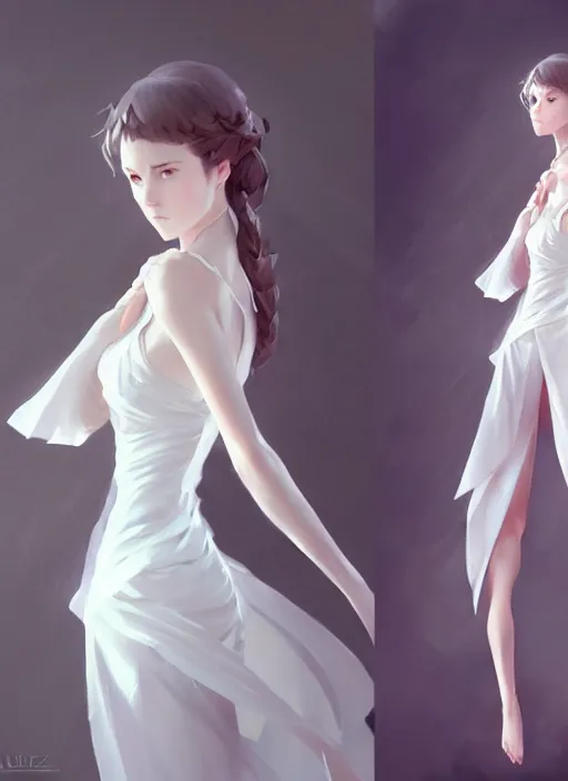 Image similar to a girl with elegant white dress, digital art by krenz cushart, laurie greasly, wlop, artgerm, intricate, ( highly detailed figure ), sharp focus, smooth, epic composition, joyful, unreal engine