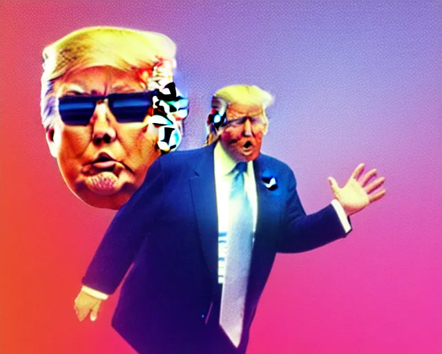 Image similar to Donald Trump in 80s workout gear, laser background, vaporwave aesthetic