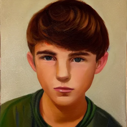 Prompt: beautiful oil painting of a teenage boy with short side part light brown hair and brown eyes