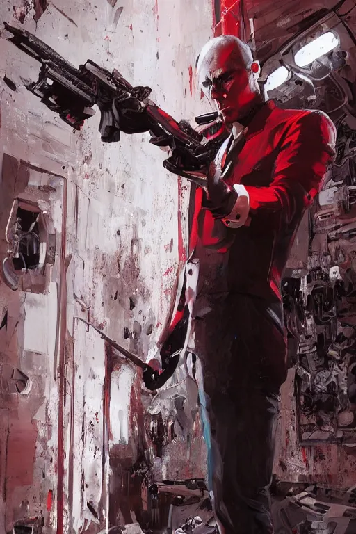 Prompt: an intricate and expressive full body portrait of agent 4 7 from hitman in a hallway full of guns, dark background, red rim light, highly detailed, digital art, artstation, concept art by giger stalenhag