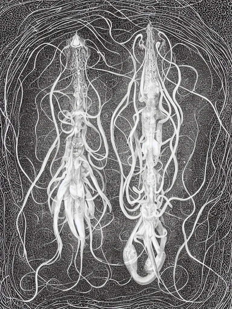 Prompt: a formal portrait photograph of a human being trapped inside a crystal squid. fine filigree engravings cover the glassy surface.