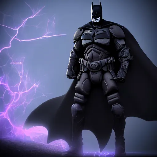 Image similar to character design, dark knight, purple lightning, purple mist, scary, photorealistic, unreal engine, ominous background-H 768