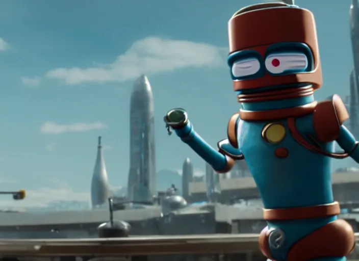 Image similar to film still of bender in the futurama live action movie, 4 k