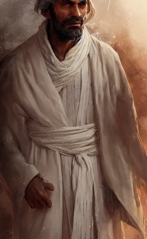 Image similar to Portrait of a rugged north african man wearing white robes, male, detailed face, fantasy, highly detailed, cinematic lighting, digital art painting by greg rutkowski