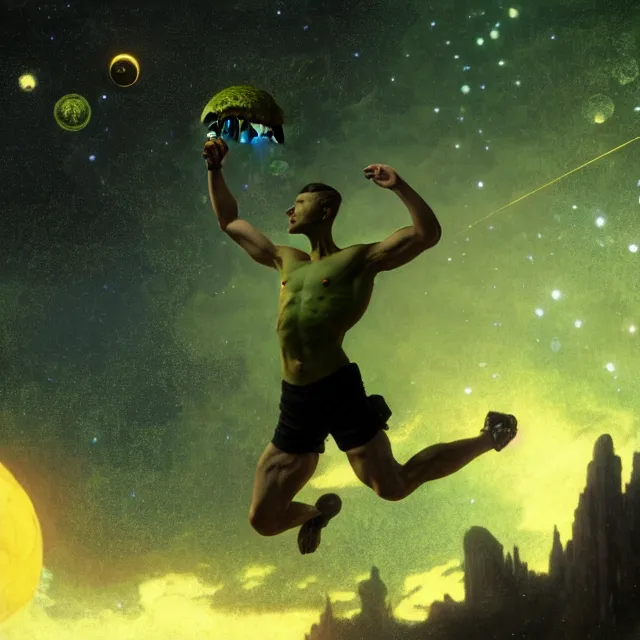 Prompt: an green! muscular toad jumps to the sky to become one with the stars, wearing yellow sleeveless and black sport shorts, cosmos, moon, by mucha and caspar david friedrich, atmospheric lighting, intricate detail, cgsociety, hyperrealistic, octane render, rpg portrait, ambient light, dynamic lighting