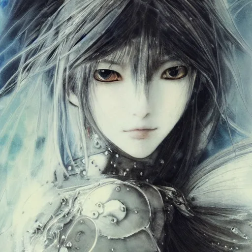 Image similar to yoshitaka amano blurred and dreamy realistic illustration of an anime girl with wavy white hair and cracks on her face wearing elden ring armour with the cape fluttering in the wind, abstract black and white patterns on the background, noisy film grain effect, highly detailed, renaissance oil painting, weird portrait angle