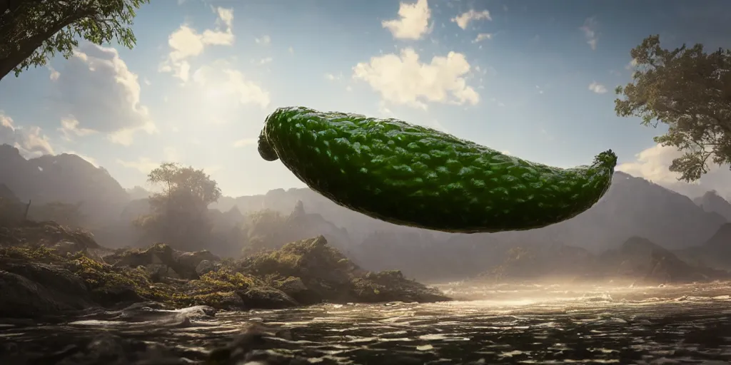 Prompt: a large floating pickle, digital art, concept art, trending on DeviantArt, trending on Artstation, high quality, 8K HDR, octane render, unreal engine 5, path tracing, breathtaking landscape, dramatic lighting, cinematic, highly detailed