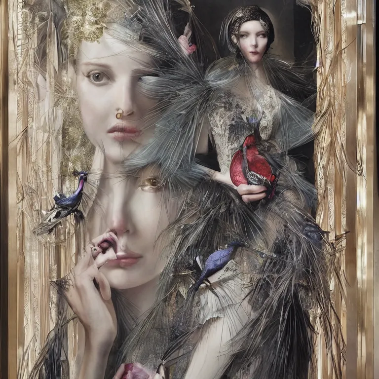 Image similar to 3d character render of anna taylor-joy in the bergdorf goodman windows, veiled, avian-inspired,by tom bagshaw and Inge Prader and Billelis and aaron horkey and peter gric,trending on pinterest,GUCCI,DIOR,highly detailed,maximalist,glittering,feminine