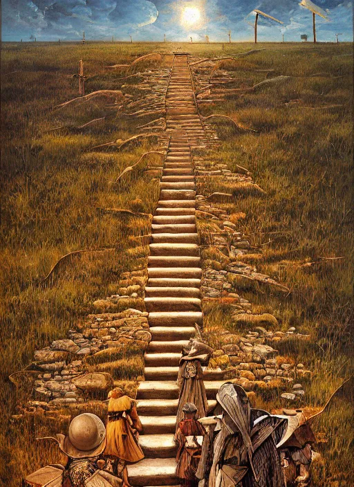 Image similar to the stairways to heaven in the steppe, in game pathologic 2, by jacek yerka, by levitan, oil on canvas, acrylic, digital art, royal academy, masterpiece, trending on artstation, cinematic composition, sharp, details, hyper - detailed, hd