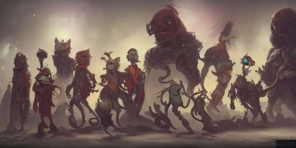 Image similar to Character concept art of a group of quirky outcast that are a crew on a small spaceship by Peter Mohrbacher