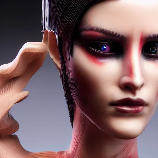 Image similar to ultra realistic painted sculpture of a beautiful cyberpunk woman. waxwork. cinematic makeup. detailed lifelike
