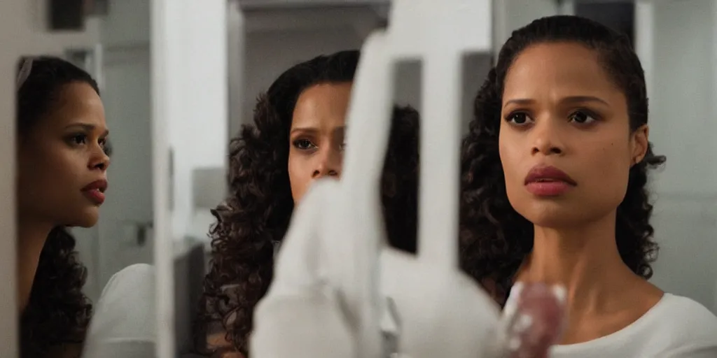 Prompt: ultra wide angle photo of gugu mbatha - raw dressed in a white blouse and black dress pants as diana prince looking at herself in a bathroom mirror and seeing her reflection as wonder woman