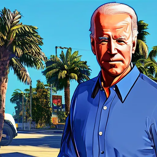 Image similar to Joe Biden in GTA V. Los Santos in the background, palm trees. In the art style of Stephen Bliss
