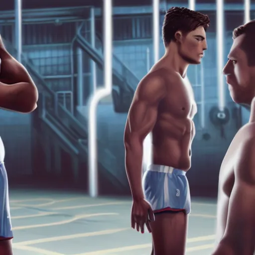 Image similar to a realistic detailed photo of a guy who is an attractive humanoid who is half robot and half humanoid, who is a male android, attractive and handsome soccer players, shiny skin, posing like a statue, blank stare, in a factory, on display, showing off his muscles, wearing soccer shorts, side view, looking at each other mindlessly