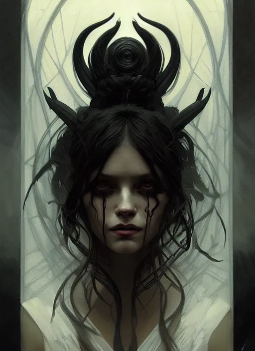 Image similar to symmetry!! portrait of a witch, horror, dark moody lights!! intricate, scary, highly detailed, digital painting, artstation, concept art, smooth, sharp focus, illustration, art by greg rutkowski and alphonse mucha