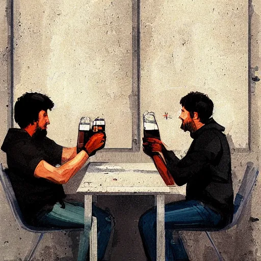 Image similar to 2 computer programmers drinking beer in lisbon by Greg Rutkowski