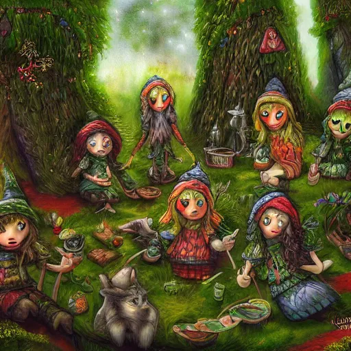 Image similar to highly detailed commune of hedonist elves. the elves are carefree and playful. digitally painted forest scene. The elves each have the face of famous musician Ed Sheeran. pixiv, artbreeder. high quality art