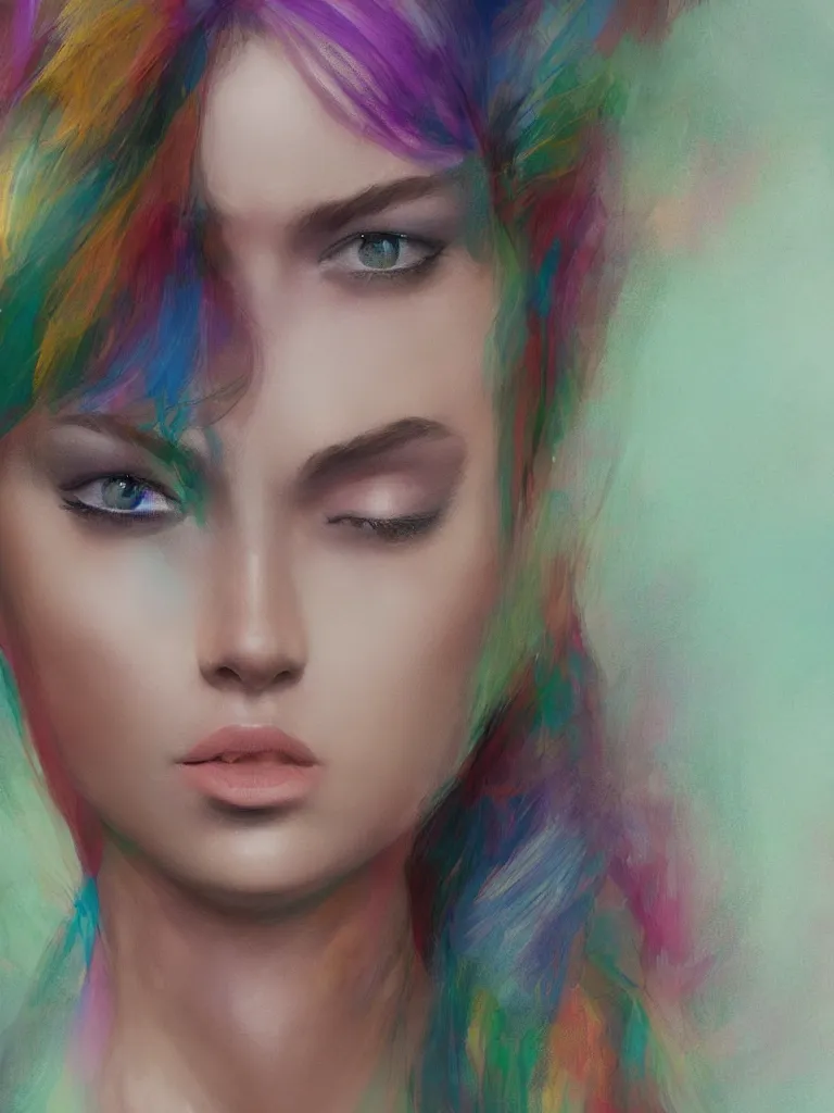 Image similar to close up portrait of beautiful rainbow woman by disney concept artists, blunt borders, rule of thirds