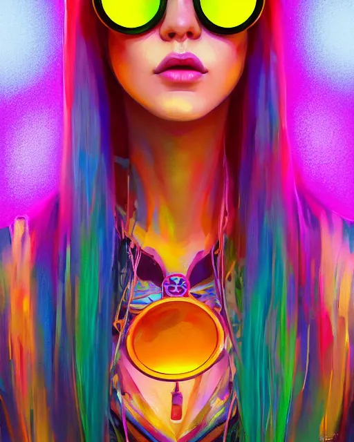 Prompt: colorful 3 / 4 body portrait of a female hippie with round sunglasses, set in the future 2 1 5 0 | highly detailed | very intricate | symmetrical | professional model | cinematic lighting | award - winning | painted by mandy jurgens and ross tran | pan futurism, dystopian, bold psychedelic colors, cyberpunk, groovy vibe, anime aesthestic | featured on artstation