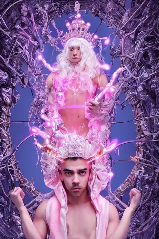 Image similar to full-body rococo and cyberpunk delicate neon crystalline sculpture of ((young muscular golden albino prince Joe Jonas)) as an iridescent humanoid deity wearing ((peach plastic hooded cloak)) (holding a human skull) in a white castle dungeon, reclining, glowing pink face, crown of (pink lasers), large blue diamonds, swirling black silk fabric. futuristic elements. oozing glowing liquid, full-length view. space robots. intricate artwork by caravaggio. Trending on artstation, octane render, cinematic lighting from the right, hyper realism, octane render, 8k, depth of field, 3D