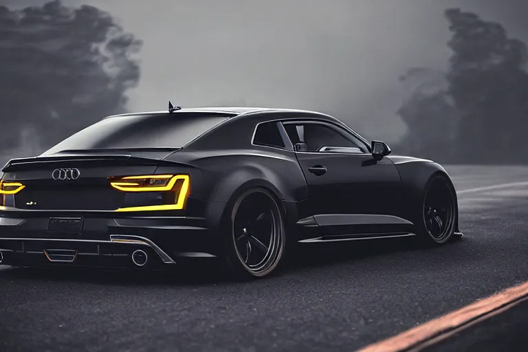 Image similar to widebody all black audi camaro b 9 ( 2 0 2 0 ), need for speed : carbon, at night, sci - fi, neon lines, phonk music background, smoke behind wheels, noise, dark, establishing shot, by simon stalenhag